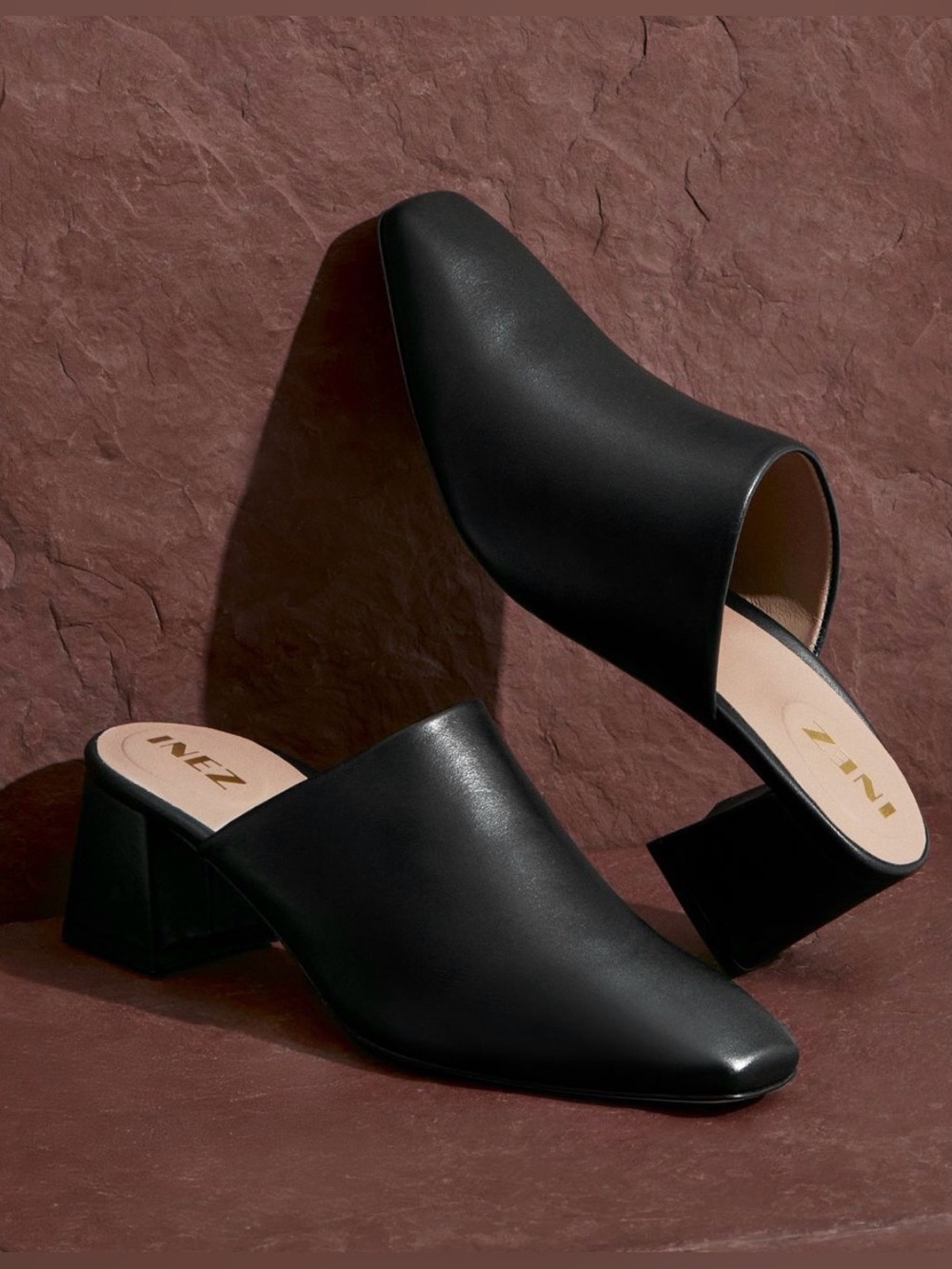 Inez Esma block heel mule in black calf size 8